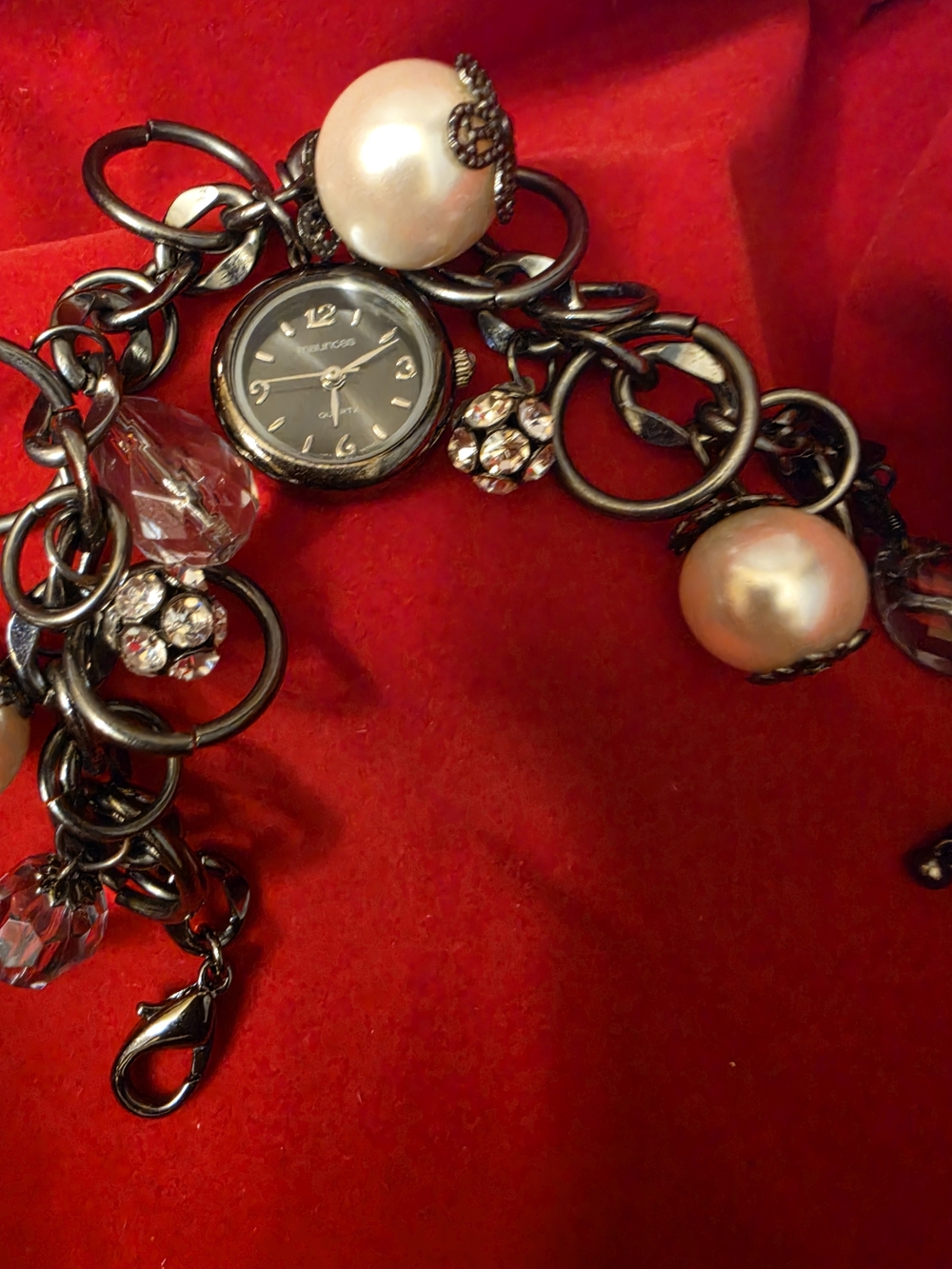 Maurices Gunmetal Charm Bracelet With Watch, Pearl, & Crystal Accents